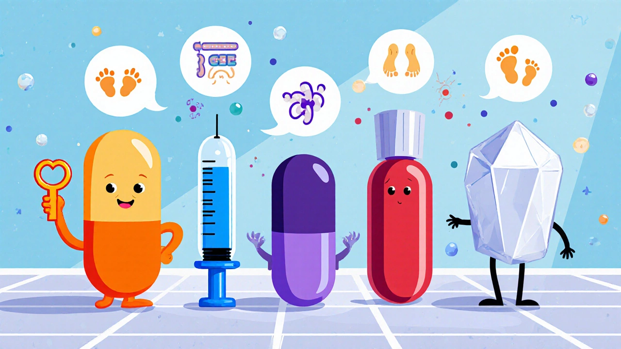 Cartoon drug characters comparing side‑effects on a colorful chart.