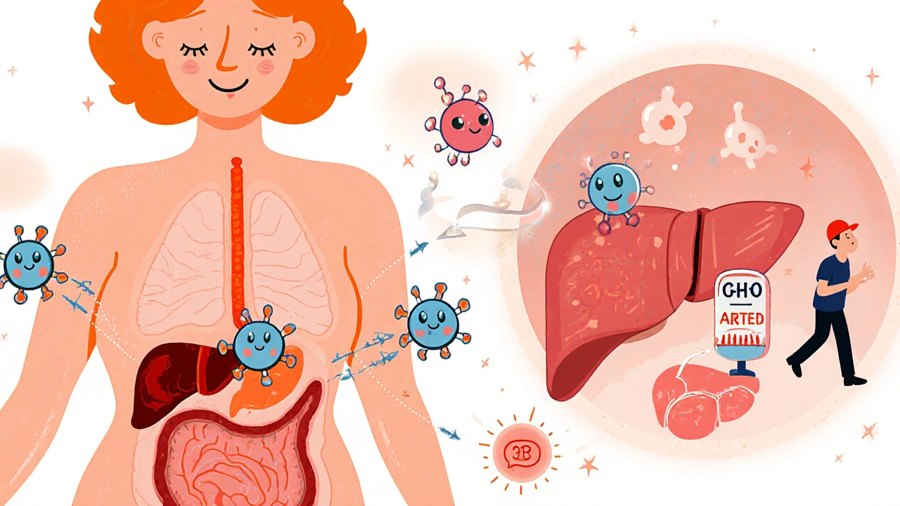 Cartoon estrogen molecules bind to receptors in a stylized uterus, brain, and breast while a liver enzyme processes the hormone.