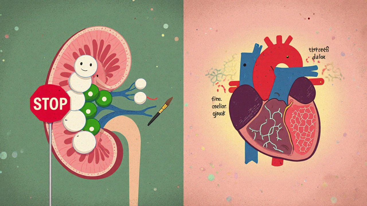 Cartoon kidney tubule blocks sodium while potassium passes; heart shows less scar tissue.