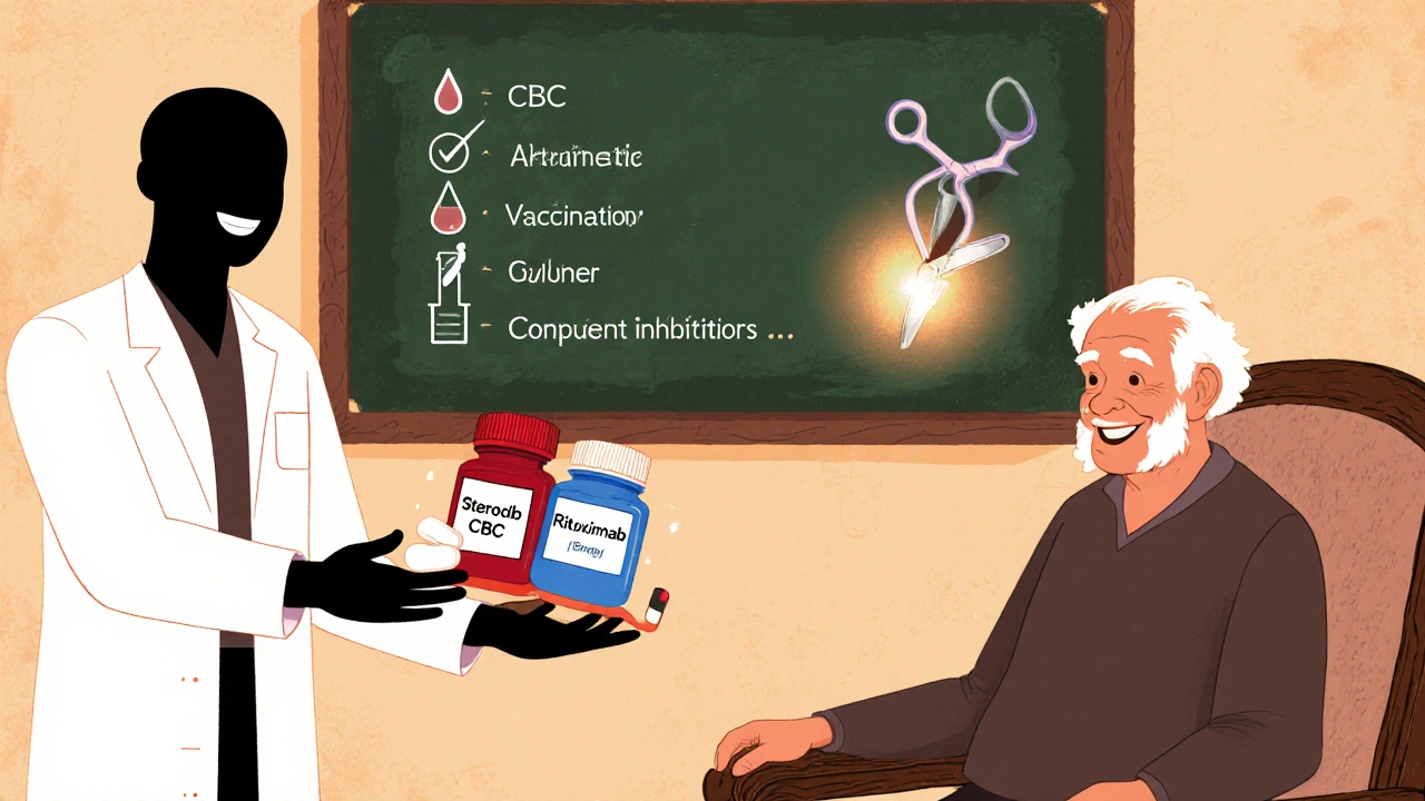 Cartoon of a doctor giving pills to an elderly patient with a treatment checklist and DNA editing illustration.