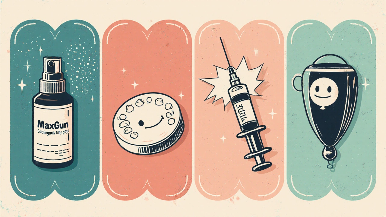 Cartoon panel showing spray bottle, tablet, syringe, and vacuum device side by side.