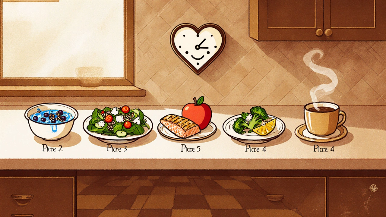 Cartoon sequence of six plates showing a day’s meals from yogurt with berries to salmon dinner and herbal tea.