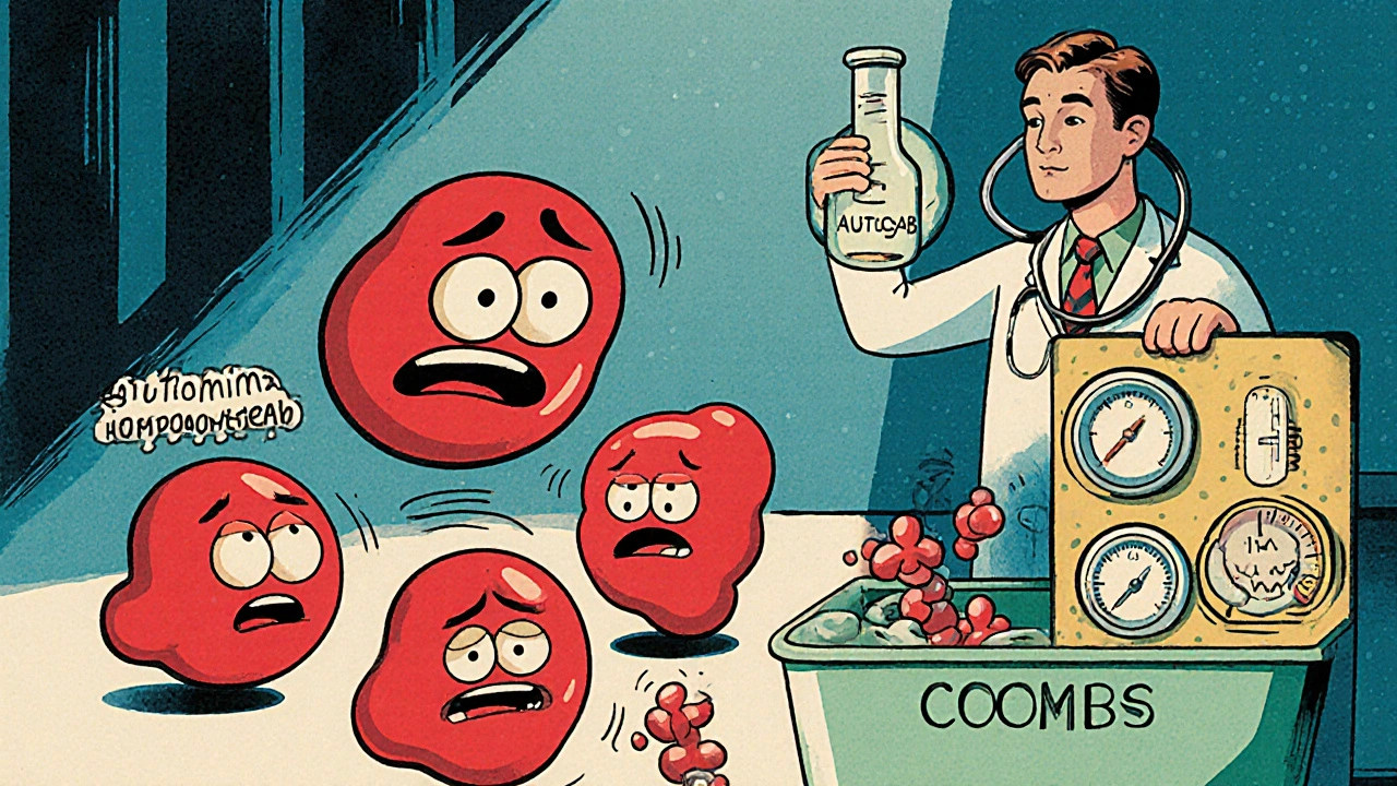 Cartoon showing red blood cells and platelets attacked by auto‑antibodies with a doctor holding test equipment.