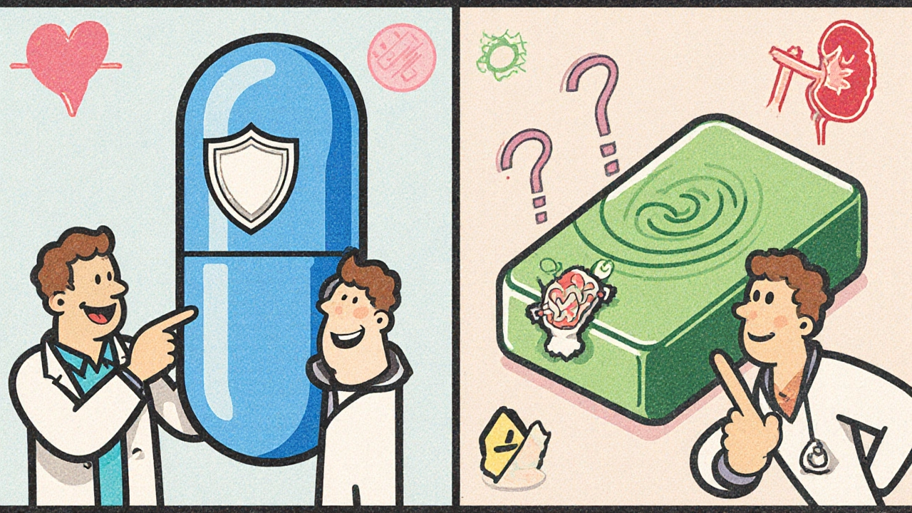 Cartoon split panel compares Eplerenone's selectivity with Spironolactone's side effects.