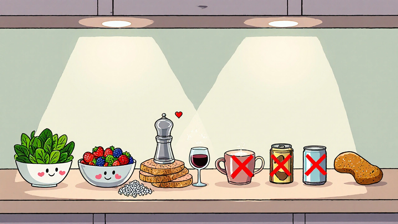 Cartoon split view showing happy healthy foods on one side and crossed‑out unhealthy items on the other.