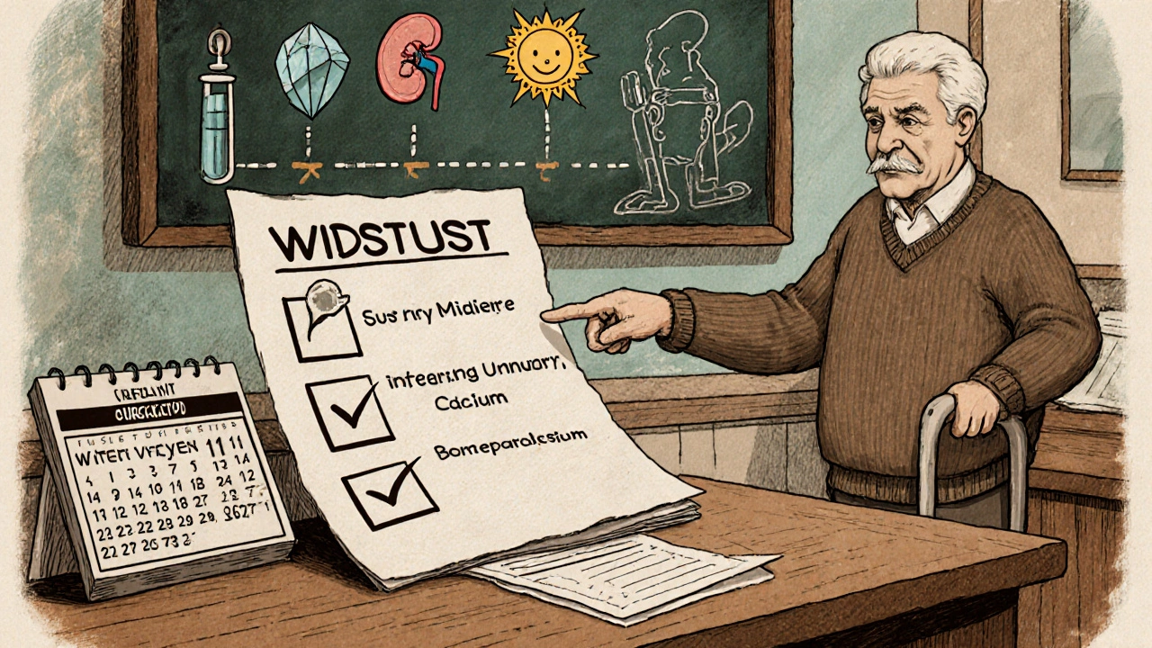Checklist with calcium, vitamin D, lab tests, and DEXA scanner beside a senior patient.