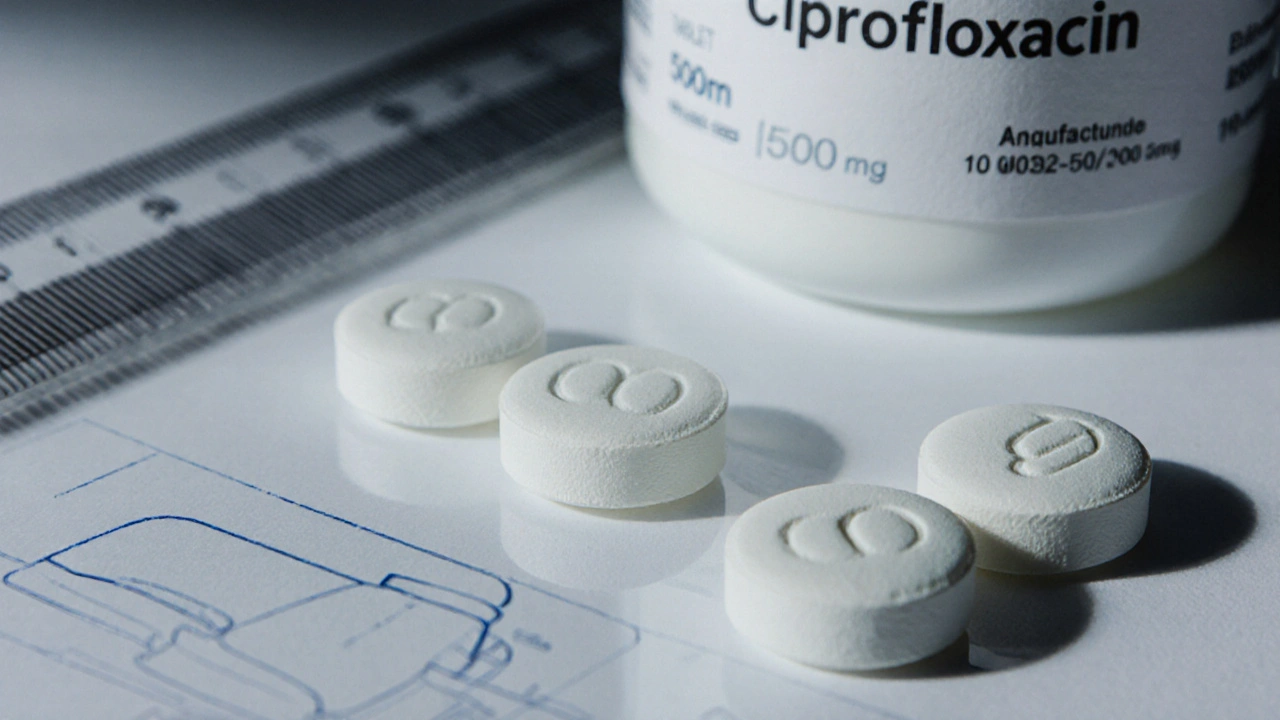 Close-up of genuine ciprofloxacin tablets showing imprint and matte finish.