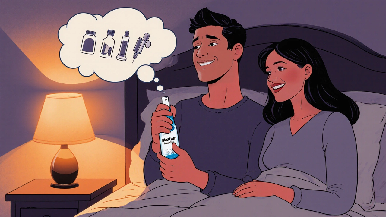 Couple in bedroom, man holds spray bottle while thought bubbles show other options.