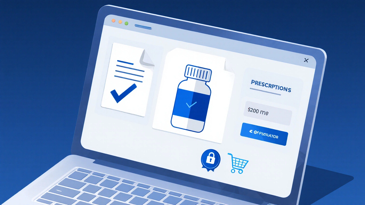 Digital illustration of an online pharmacy checkout with prescription upload and secure payment icons.