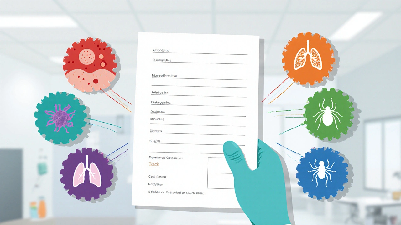 Doctor&#039;s hand with prescription sheet surrounded by icons for each antibiotic&#039;s uses.