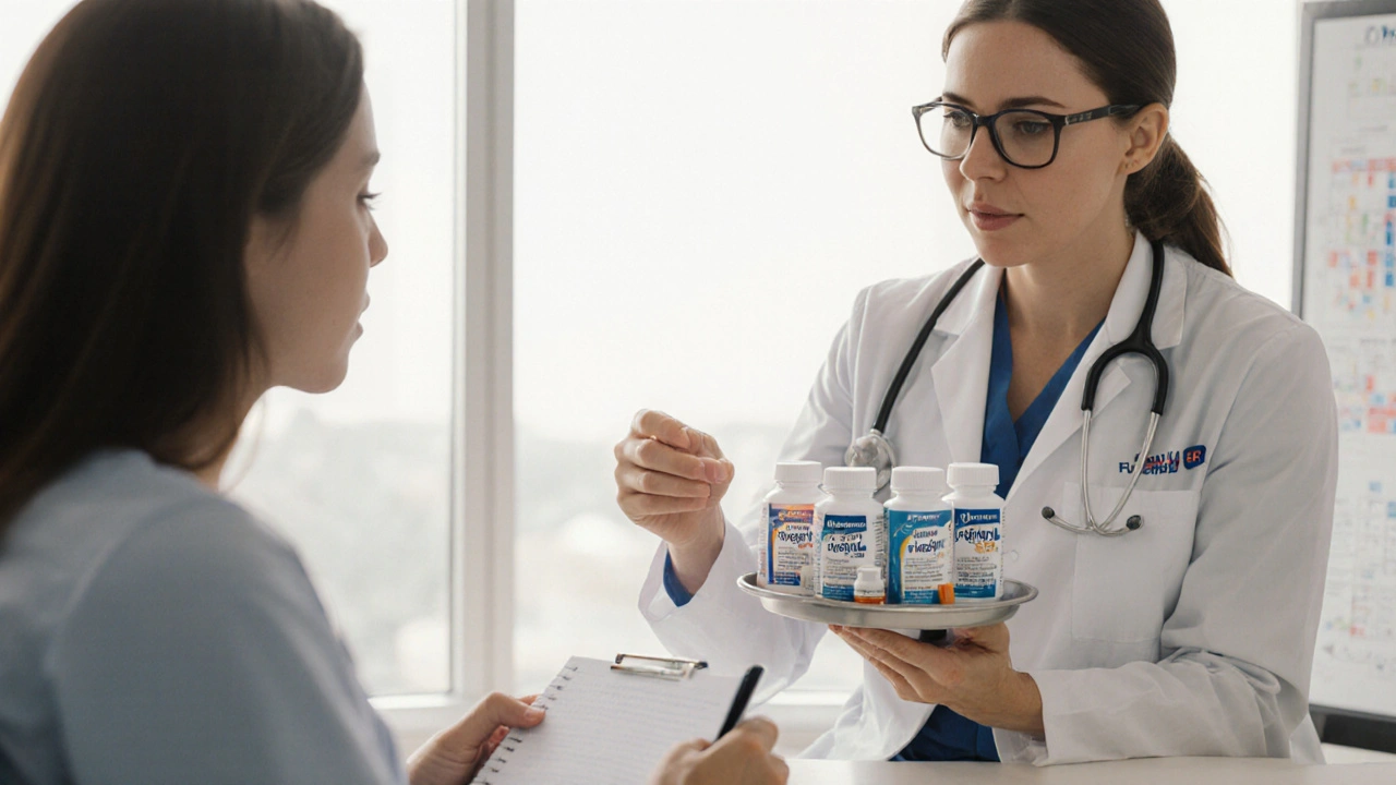 Doctor and patient discussing treatment options with medication bottles on a tray.