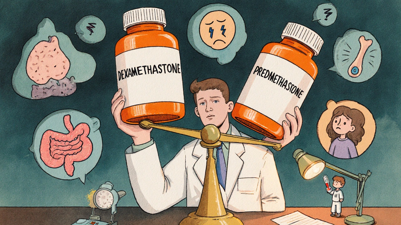 Doctor comparing dexamethasone and prednisone pills with floating side effect icons.