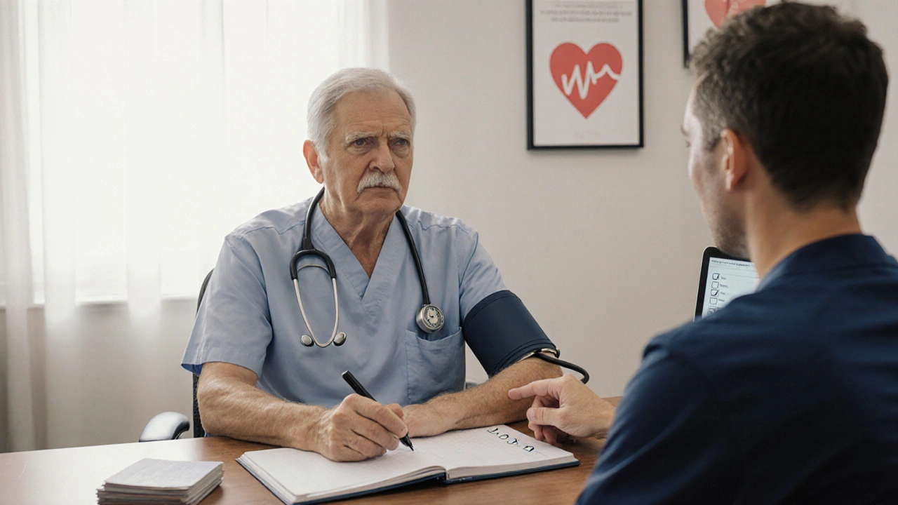 Doctor reviewing a medication checklist with a patient while monitoring blood pressure and discussing costs.