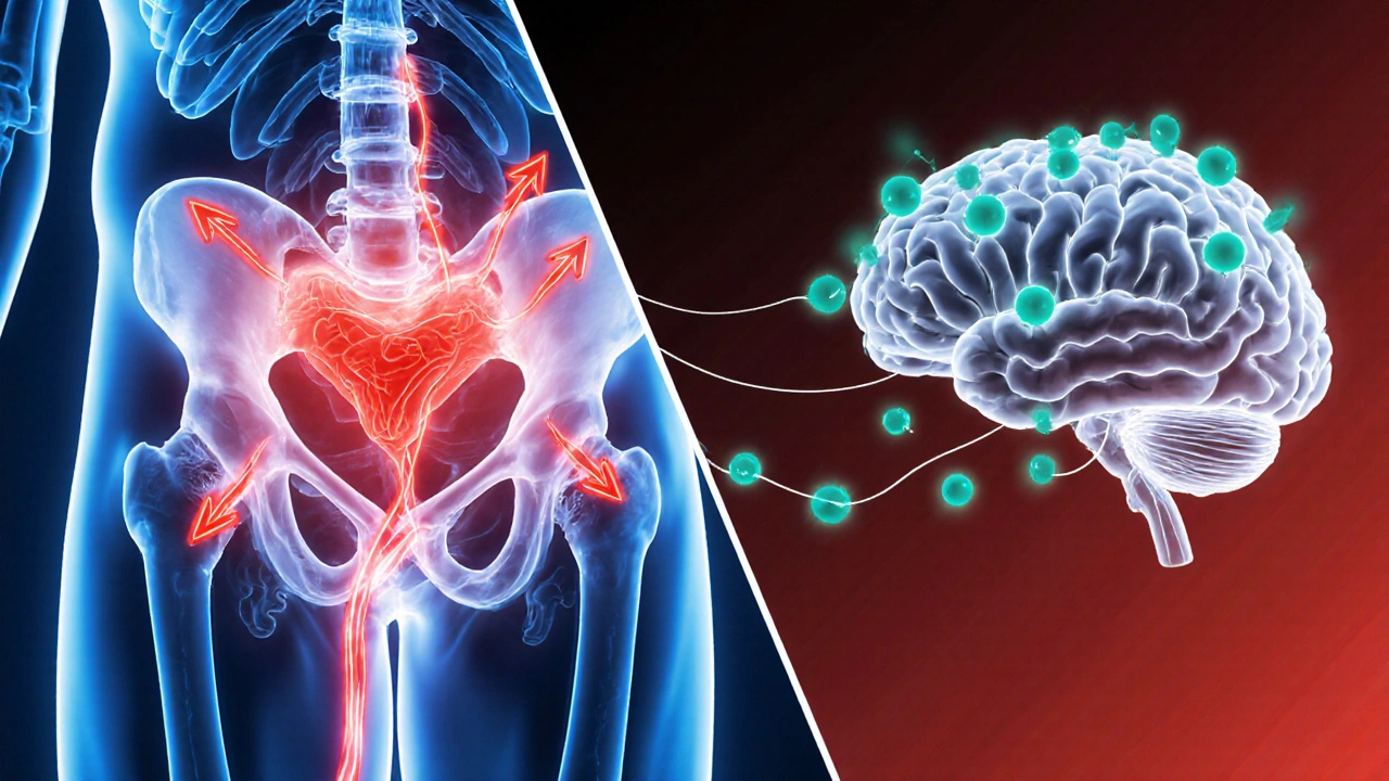 Illustration showing blood flow to the penis and serotonin in the brain.