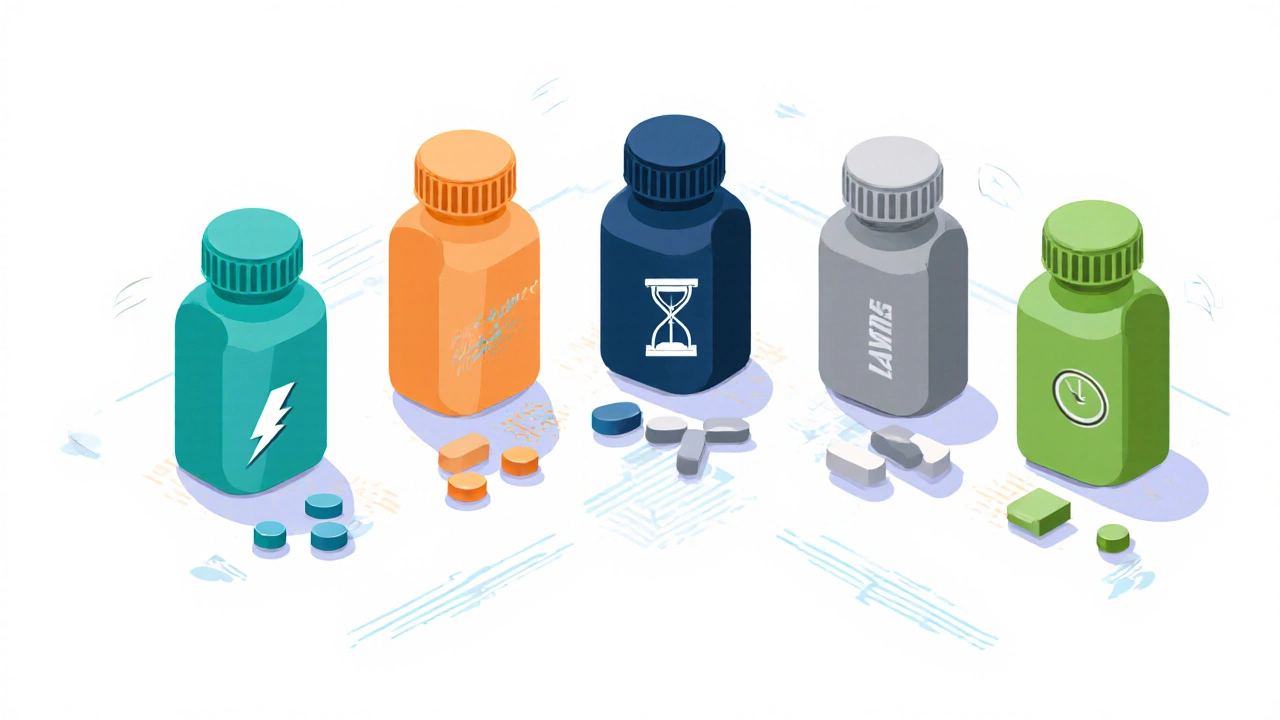 Isometric layout of six colored pill bottles with visual icons for speed and duration.