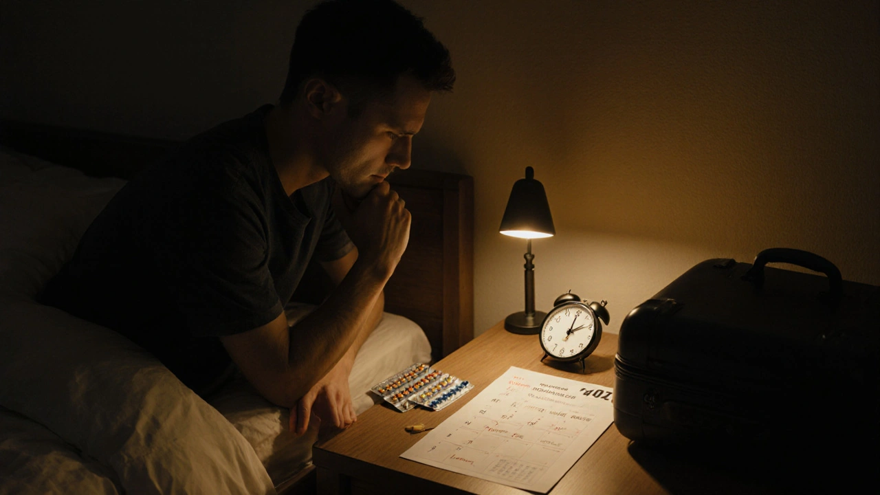 Man in bedroom at dusk pondering pills, clock, suitcase, and calendar.