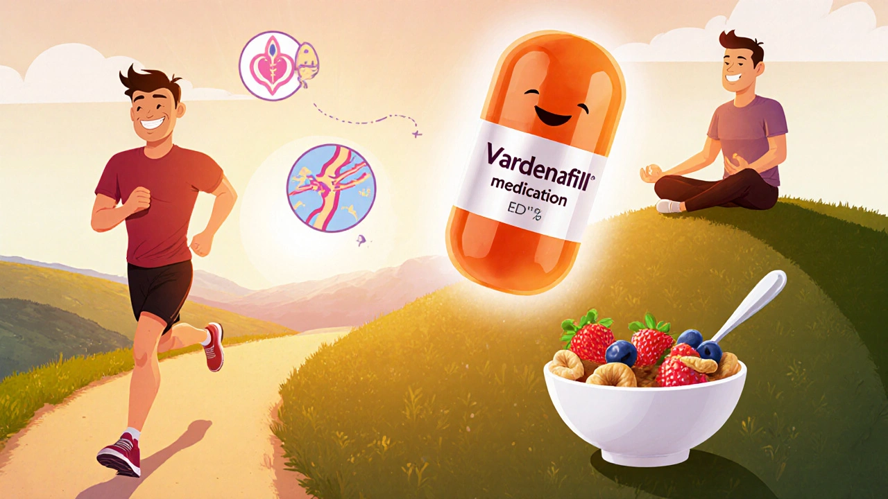 Man jogging, meditating, and eating healthy with a glowing Vardenafil pill.