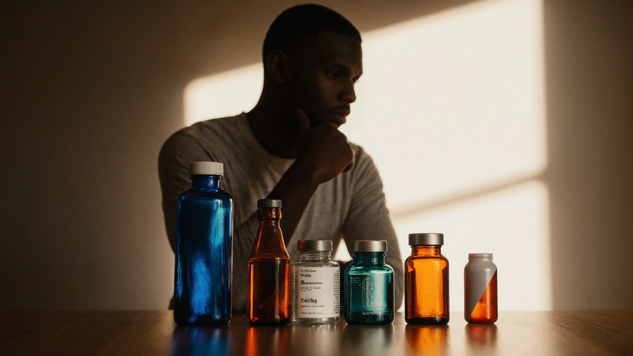 Man silhouette beside assorted ED medication bottles, highlighting Malegra FXT.