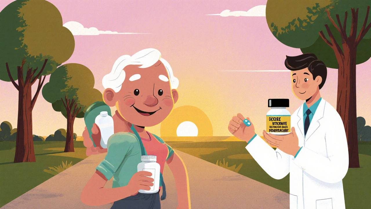 Older adult walking with milk and supplement, pharmacist offering bone medication.
