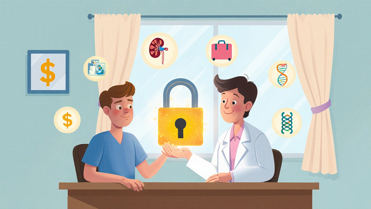 Oncologist and patient using a key to unlock a tumor lock with health icons.