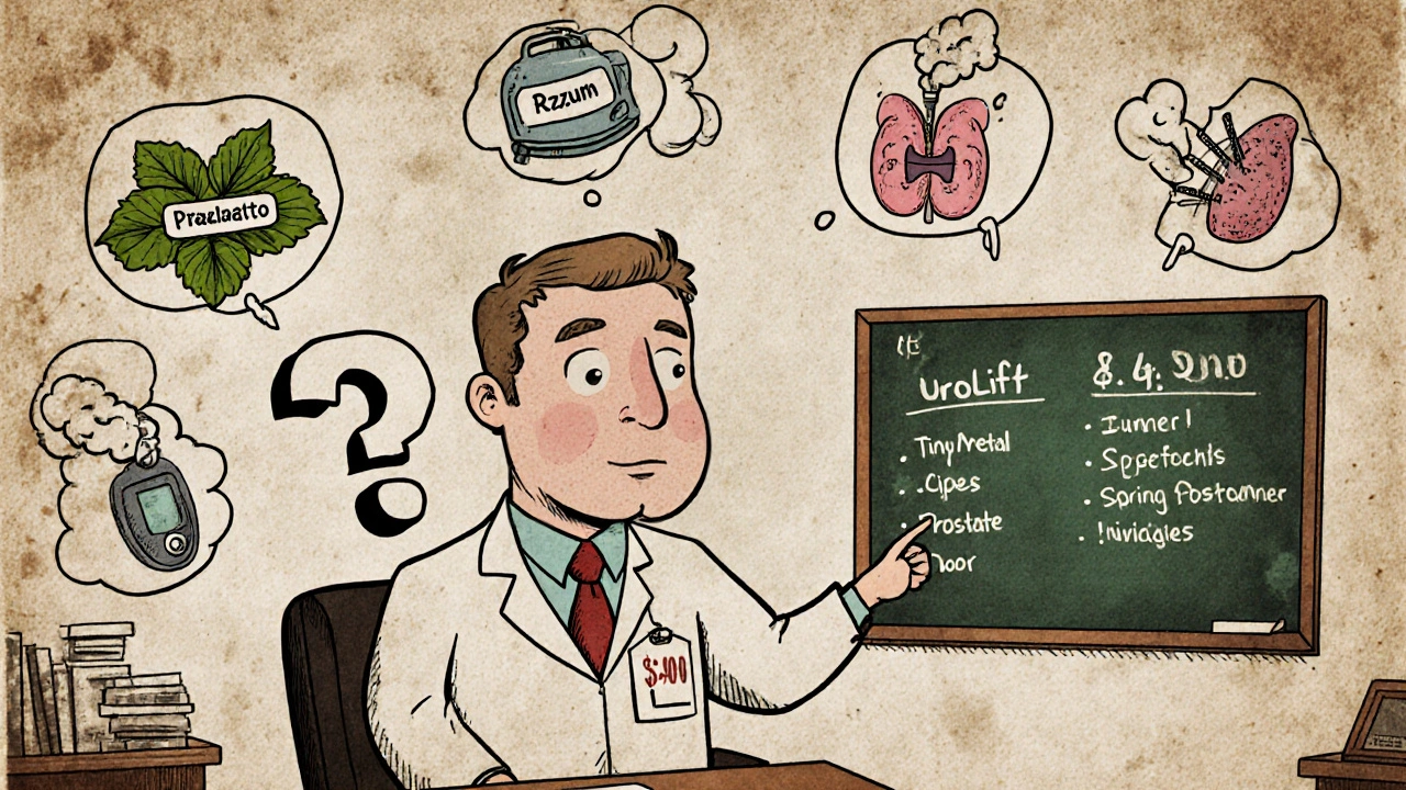 Patient in doctor's office surrounded by BPH treatment icons in vintage comic style