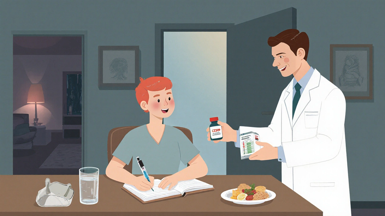 Patient writing in a diary while doctor offers preventive medication and supportive care.