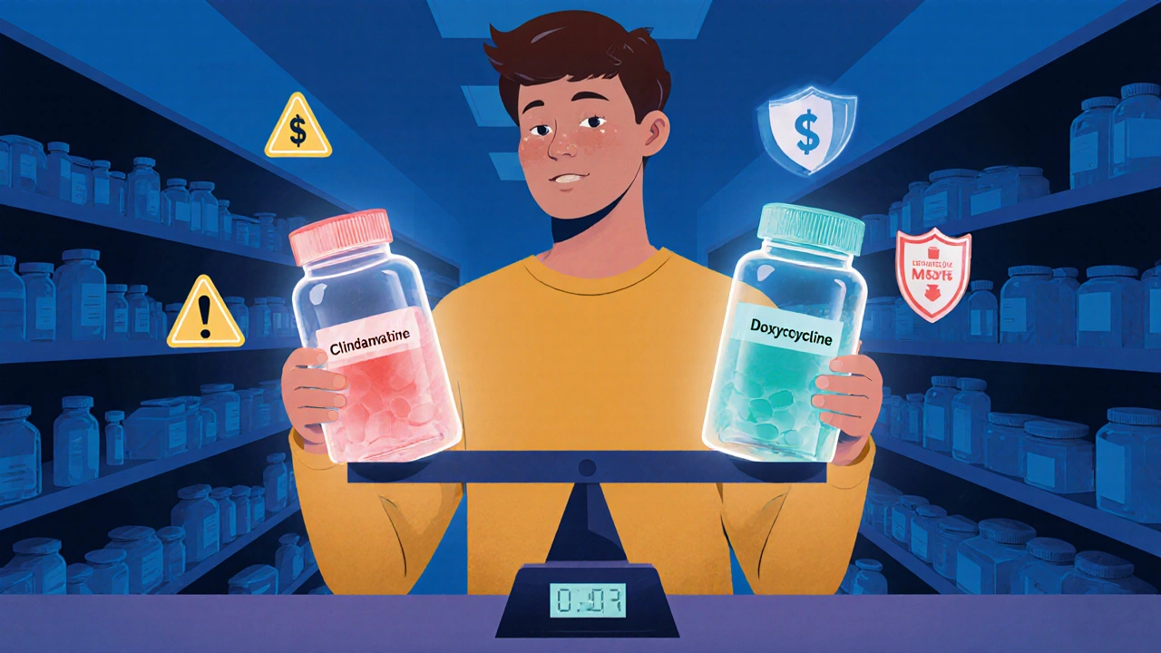 Person weighing Clindamycin and Doxycycline bottles with floating symbols for cost, risk, and coverage.