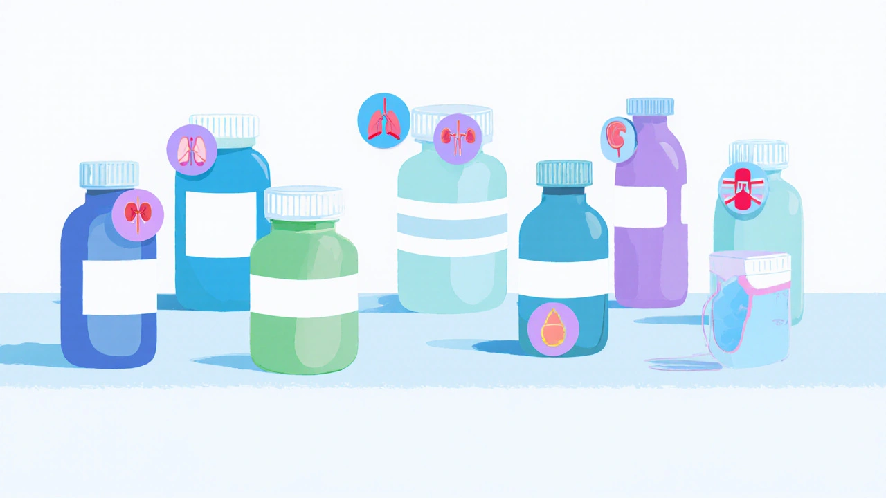 Pharmacy shelf displaying various beta‑blocker and alternative medication bottles with subtle health‑icon cues.