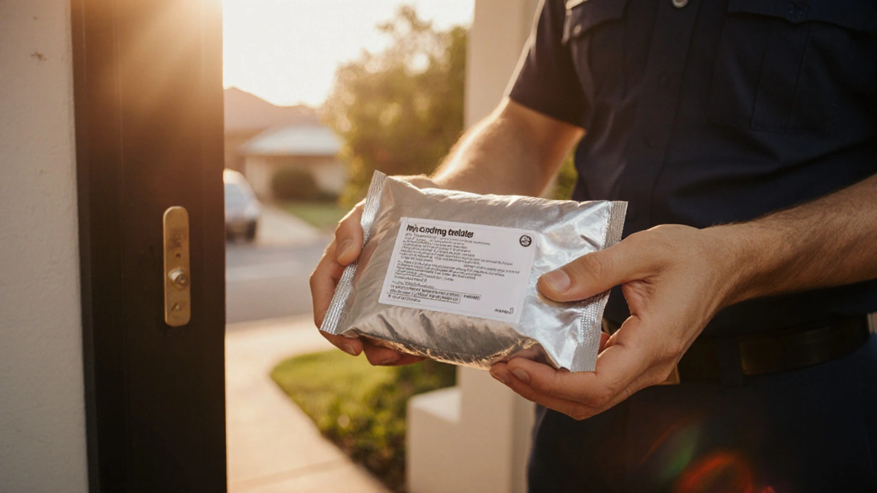 Photo of a hand receiving a sealed medication parcel on a sunny porch.