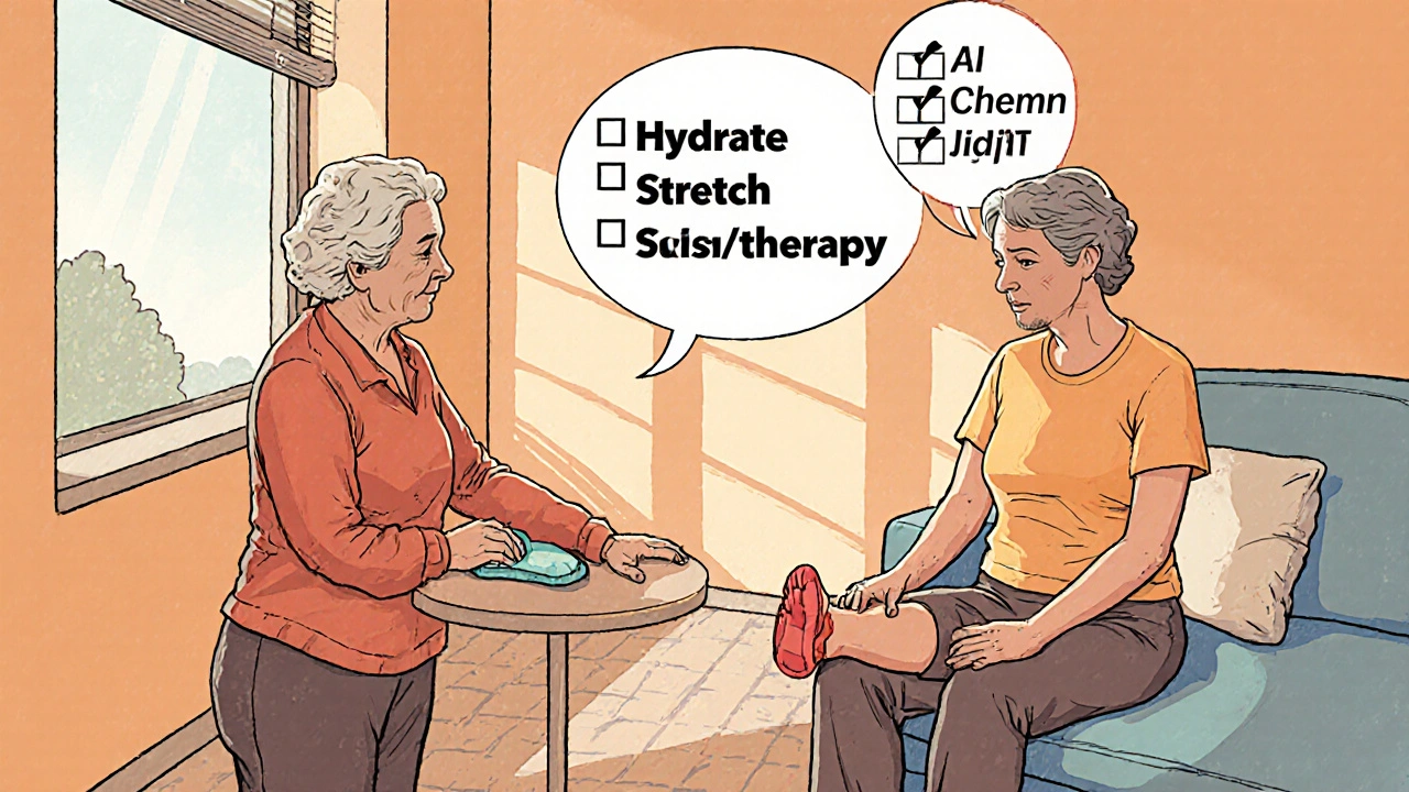 Physical therapist guiding senior with stretch, warm compress, ice pack, and checklist.
