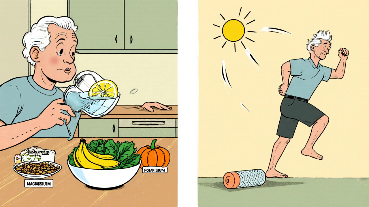 Senior man drinking water, surrounded by potassium, calcium, magnesium foods, and stretching.