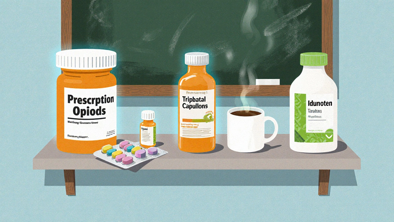 Shelf displaying various headache medications, highlighting high‑risk pills.
