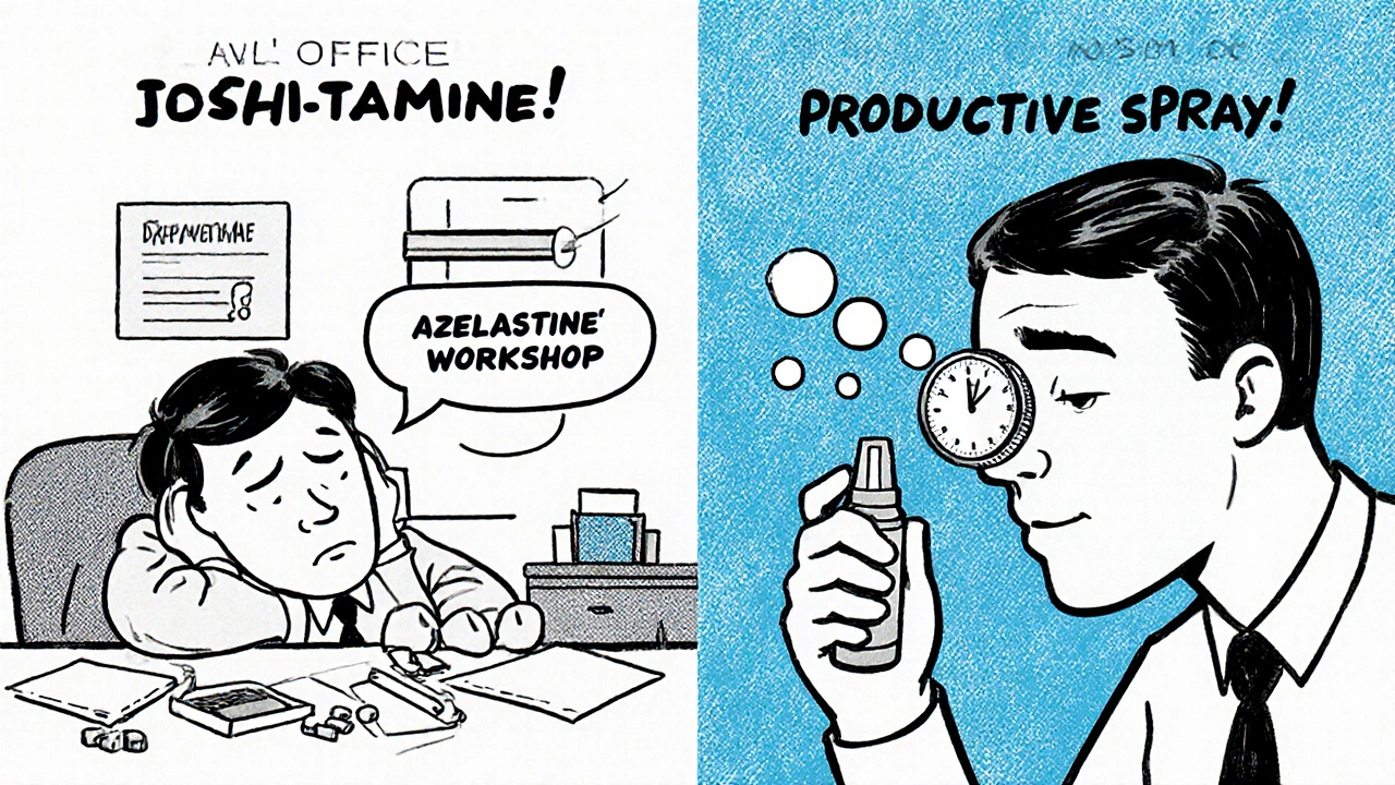 Side-by-side cartoon comparison: drowsy pill user vs. alert nasal spray user fighting chemical fumes
