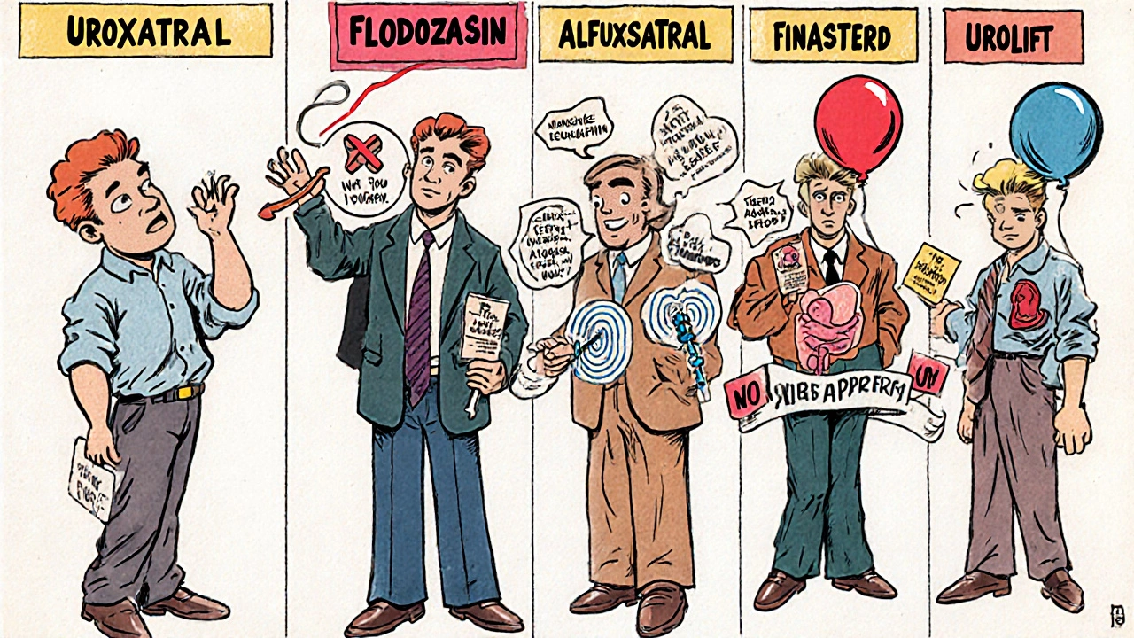Six cartoon men representing different BPH treatments with symbolic side effects