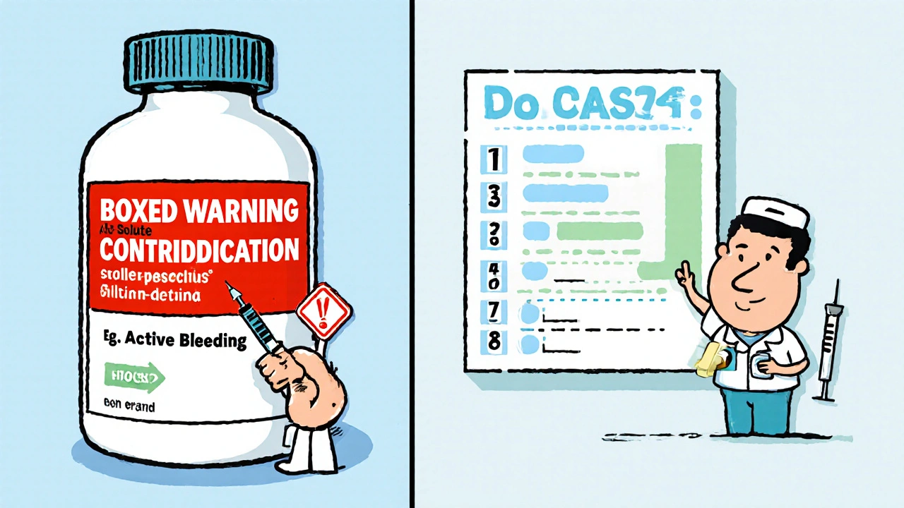 Two cartoon panels showing a boxed warning and a step‑by‑step dosage chart.
