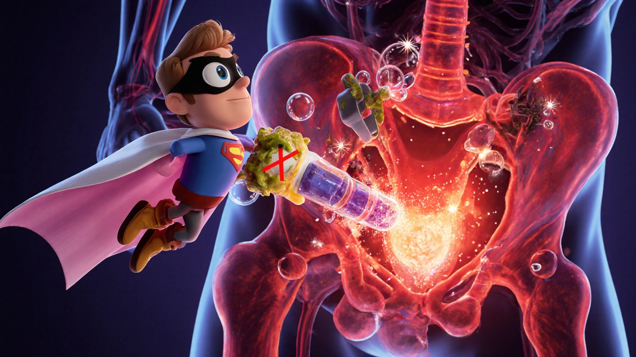 Vardenafil tablet hero blocks PDE5, boosting blood flow in cartoon style.
