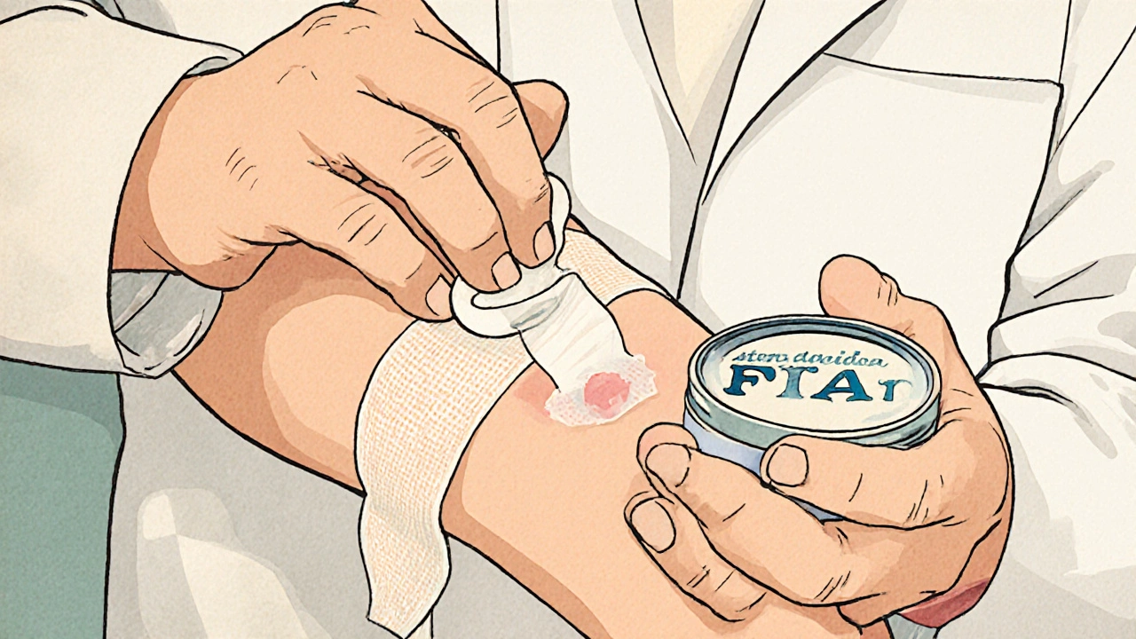 Vintage cartoon of a doctor applying fusidic acid ointment to a skin lesion with a bandage.
