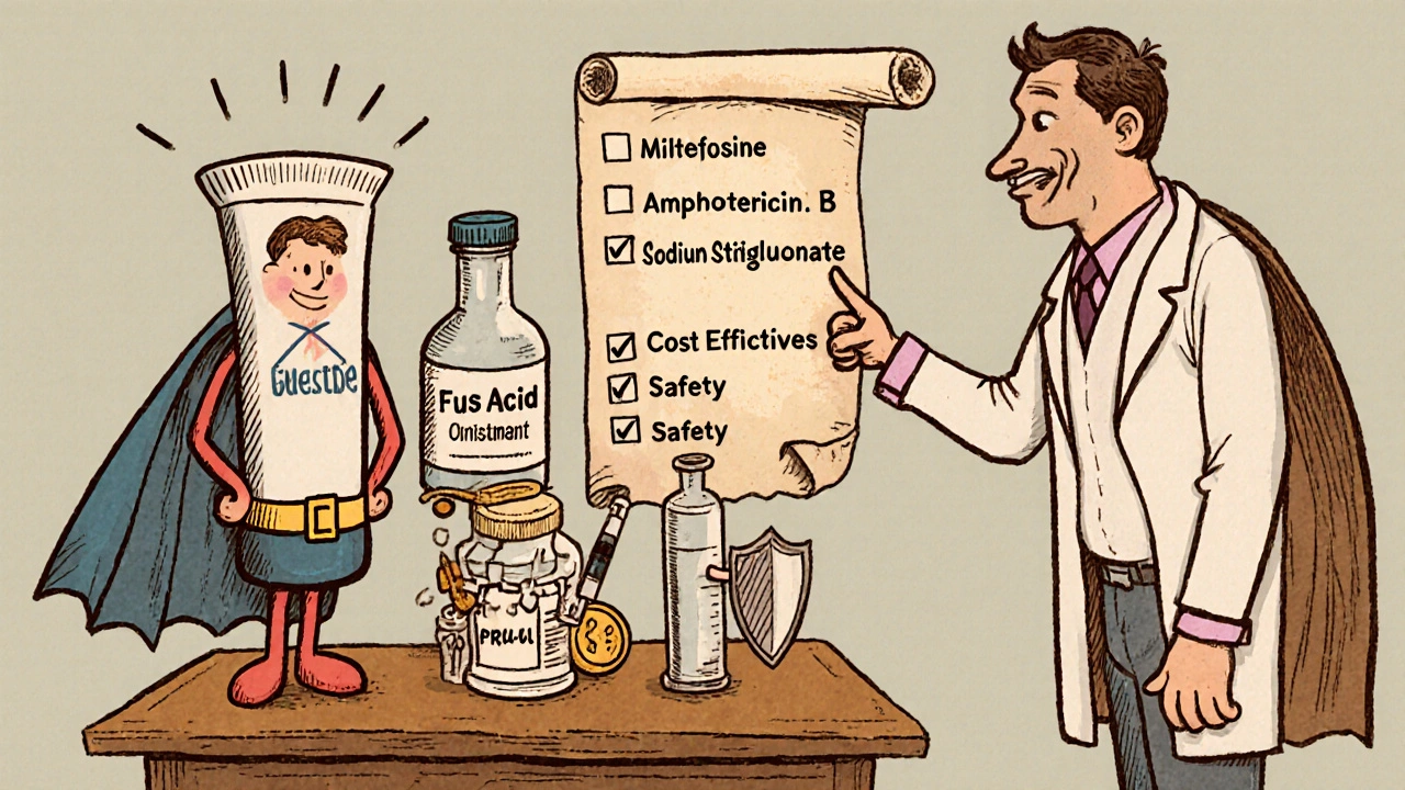Vintage cartoon of a doctor comparing treatments, highlighting fusidic acid as a hero.