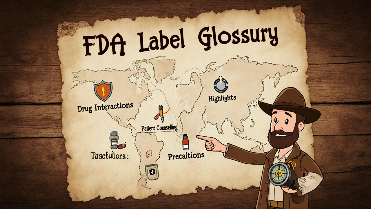 Vintage map of FDA label sections with a clinician using a compass to navigate.