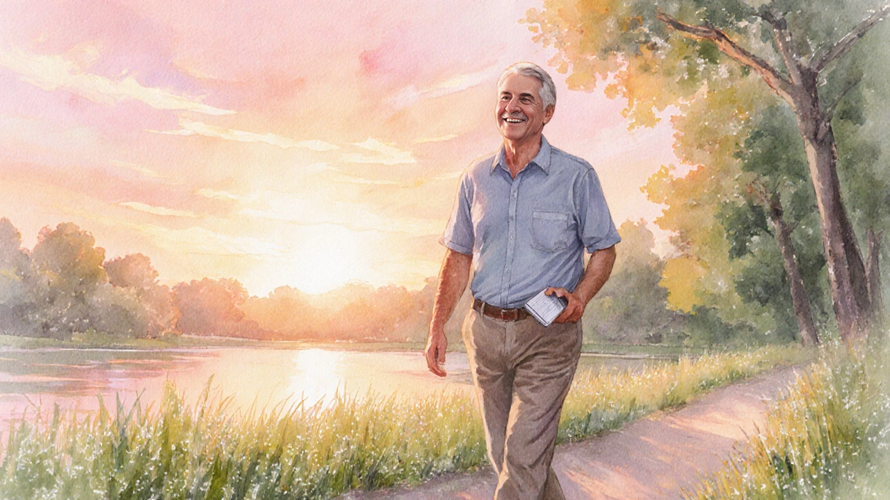 Watercolor of a smiling middle‑aged man walking in a sunrise park, showing improved wellbeing.