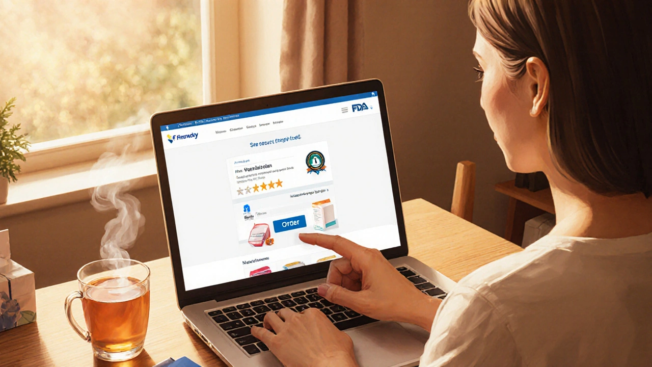 Woman ordering generic Clomid online on a laptop with secure FDA badge visible.