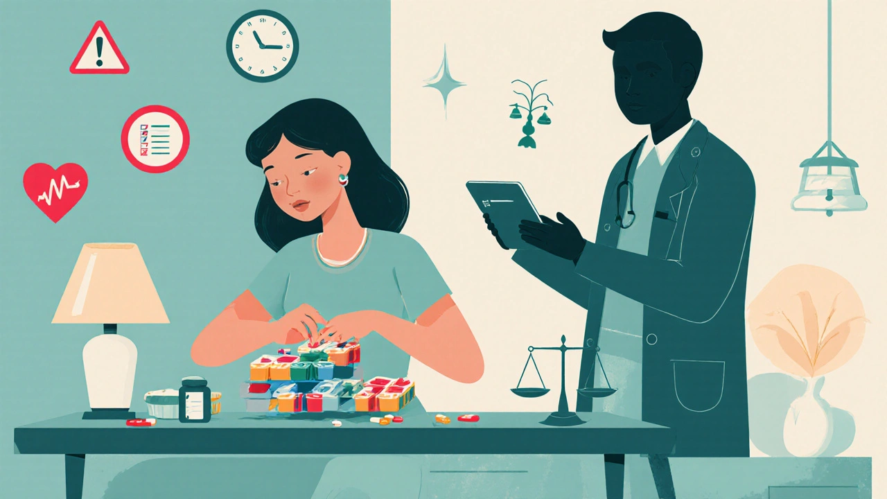 Woman using a pill organizer at a table, with a doctor silhouette, heart, and clock icons highlighting benefits and risks.