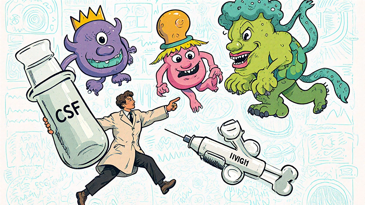 A doctor pointing at cartoonish antibody monsters labeled with medical terms.