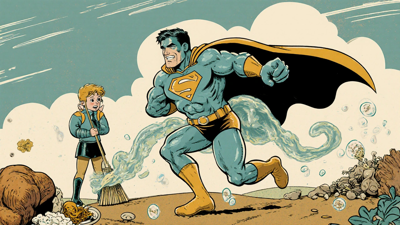 A gel superhero reducing fat absorption while a broom-wielding fiber cleans the gut.