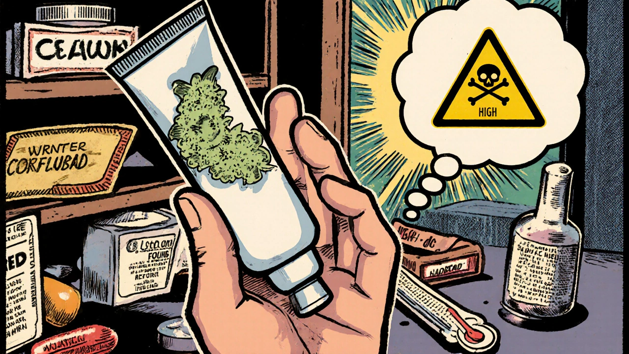 A grainy cream tube with fungal growth in a thought bubble, next to expired medications and heat warnings.