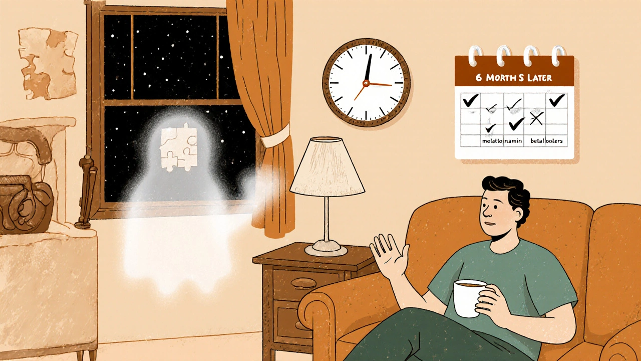 A recovering patient in a calm room with symbols of ongoing therapy and progress.