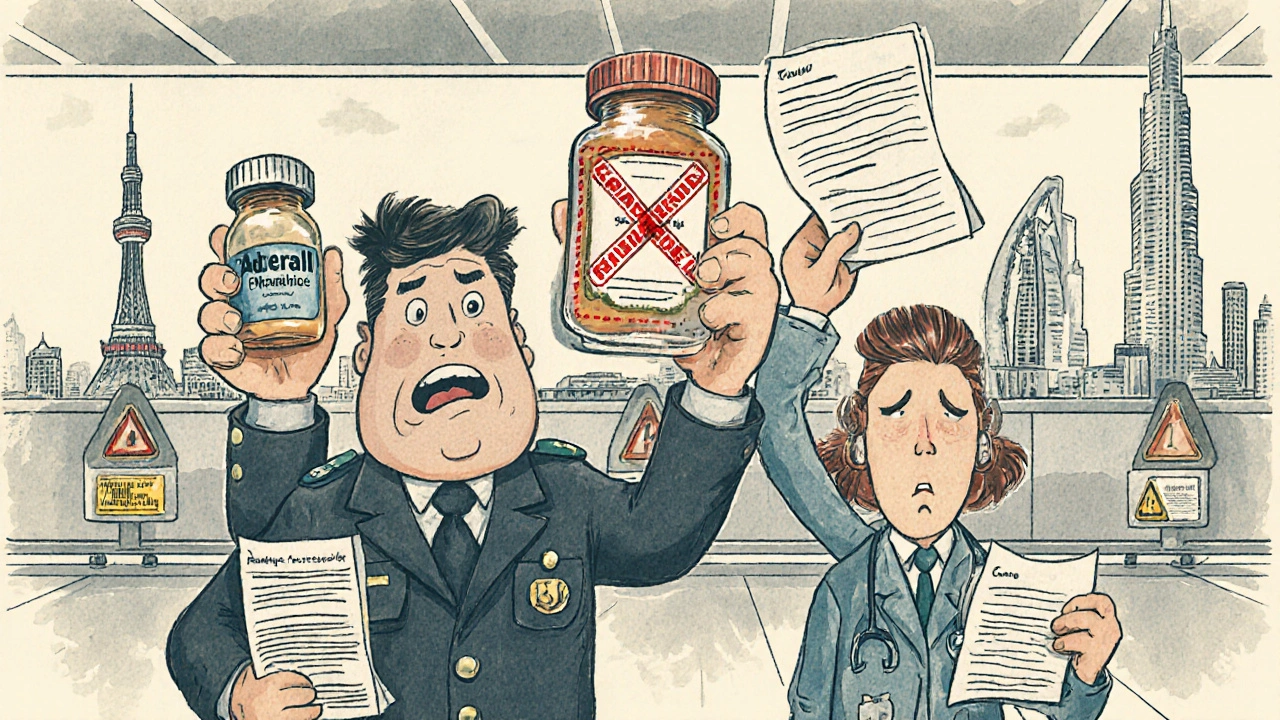 Customs officer examining labeled medication bottles with international warning signs in background.