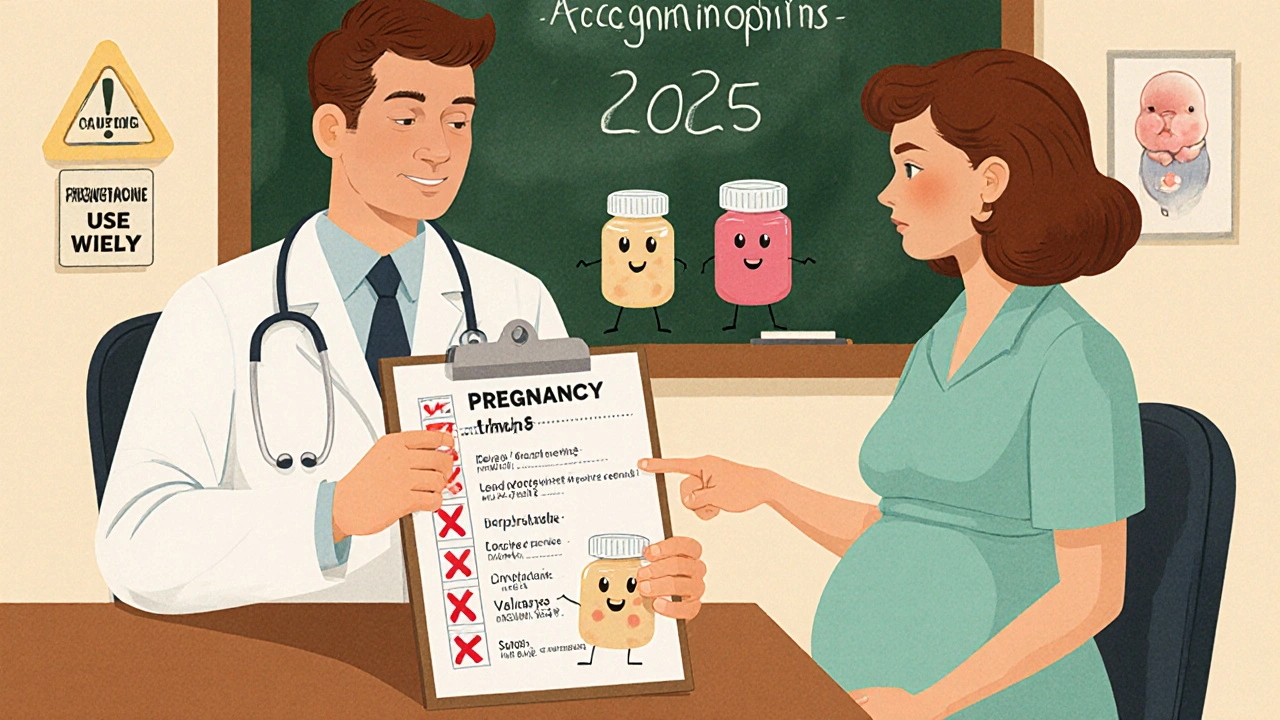 Doctor and pregnant patient reviewing safe and unsafe medications in a 1950s-style clinic with illustrated pills.