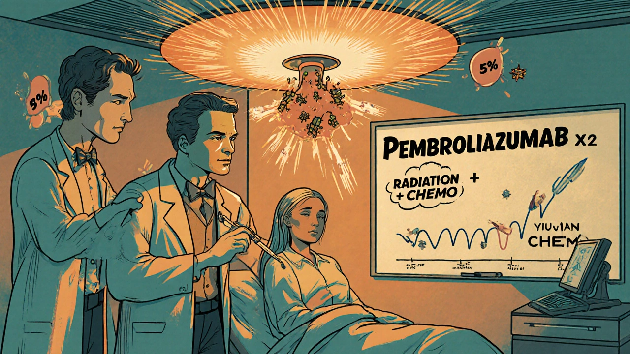 Doctor giving two immunotherapy injections while radiation pulses and immune soldiers fight cancer cells in a cartoon hospital.