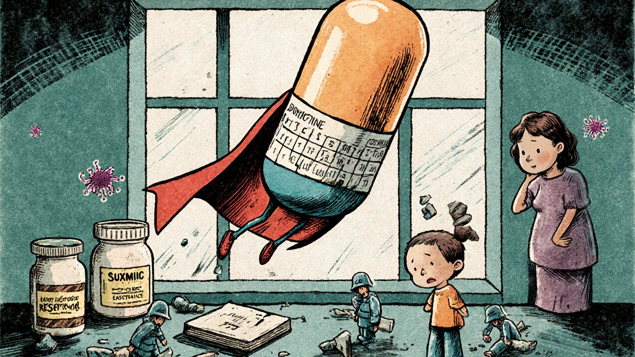 Doxycycline superhero defeats outdated Sumycin bottles as protective antibiotics shield vulnerable patients in vintage cartoon style.